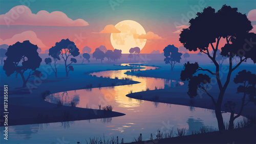 Serene African savanna landscape at sunset with winding river and full moon vector