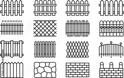 Various Styles of Fences and Walls in Black and White Line