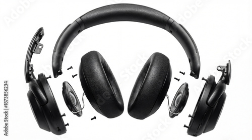 Articulated exploded view of black over-ear headphones, highlighting detachable earcups, drivers, headband, and screws, isolated on a clean white studio background for clear component inspection.