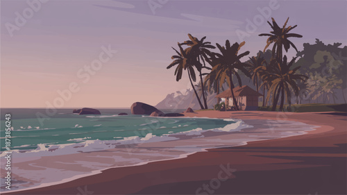 Serene Tropical Beach Scene with Palm Trees and Gentle Waves at Dusk ocean water