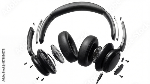 Bild auf Leinwand Exploded view of premium black over-ear headphones