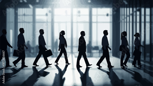 Silhouettes of business people walking in a modern office hallway.