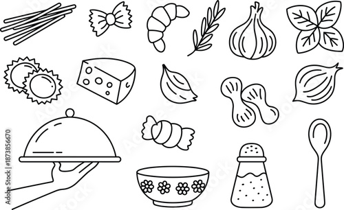 Black and white line of various food and kitchen utensils