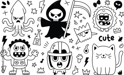 Cute Black and White Cartoon Monsters and Characters