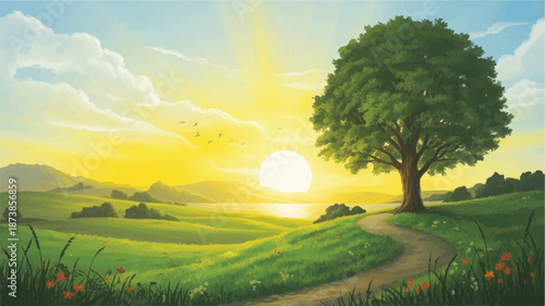 Sunrise Over Rolling Hills with a Majestic Tree and Winding Path dawn morning