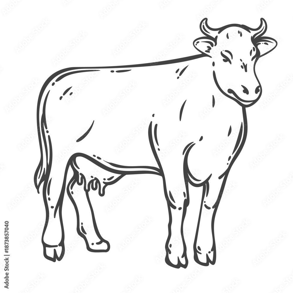 Fototapeta premium Dairy cow standing in profile with horns and udder. Farm animal livestock detail for rural agriculture. Outline monochrome engraving style, vintage line art. Vector illustration