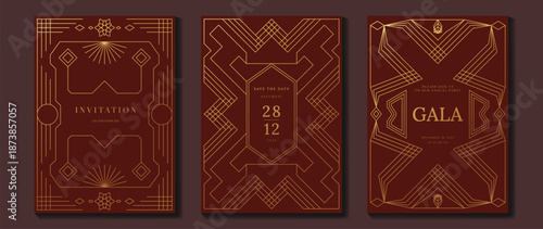 Art Deco invitation templates vector illustration with deep red background and gold geometric frames, vintage line borders and retro patterns. Elegant design for weddings, parties, galas, events.