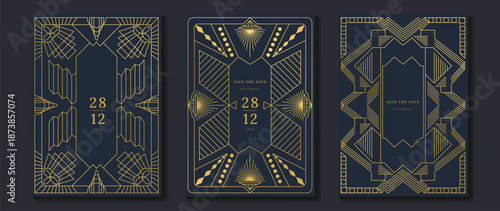 Art Deco invitation templates vector illustration with navy blue background and gold geometric frames, vintage line borders and retro patterns. Elegant design for weddings, parties, galas, events.