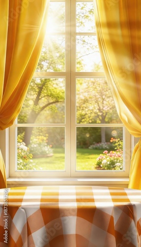 Sunlit window with flowing yellow curtains, warm morning light, soft bokeh garden outside, cozy home interior, clean aesthetic, shallow depth of field