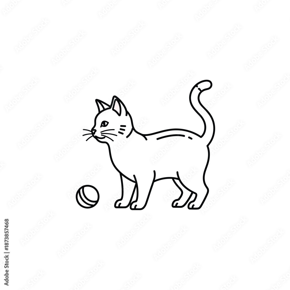 Obraz premium Simple line art illustration of a domestic cat standing next to a small ball, ready to play, on a white background.