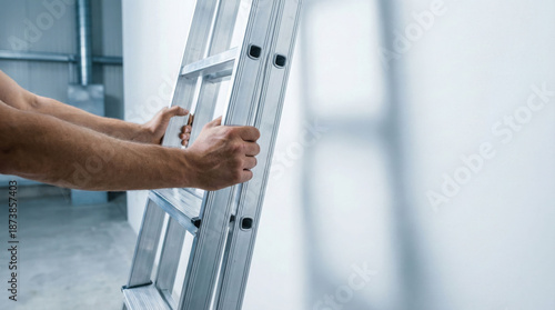 Wallpaper Mural Paint wall man holding a ladder, preparing for home renovation or construction work against a clean white wall. Torontodigital.ca