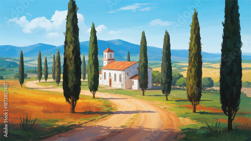 Tuscan landscape with cypress trees, a church, and rolling hills tuscany italy