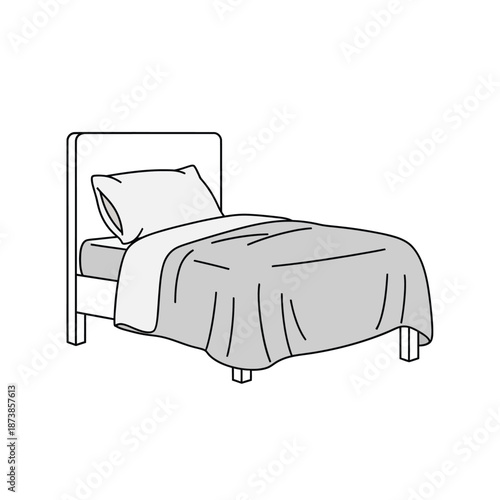 A simple line drawing of a single bed with a headboard, pillow, and blanket.