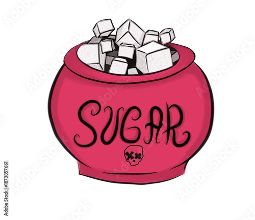 Hand-drawn white sugar in a cup . Sketch of sugar, granulated and in the form of cubes.