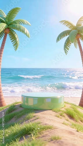 Glossy green circular podium on green grass by a tropical beach, turquoise waves, palm trees, bright sunlight, soft bokeh, clean commercial product scene