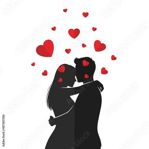 Silhouettes of a loving couple embracing with red hearts floating around them, symbolizing romance and affection.