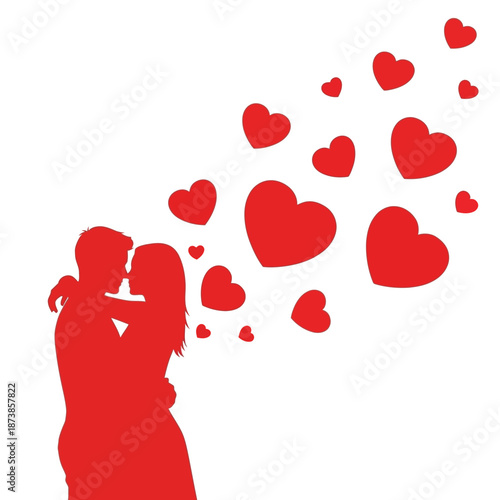 A romantic red silhouette of a couple embracing with many hearts floating upwards on a white background, symbolizing love and affection.