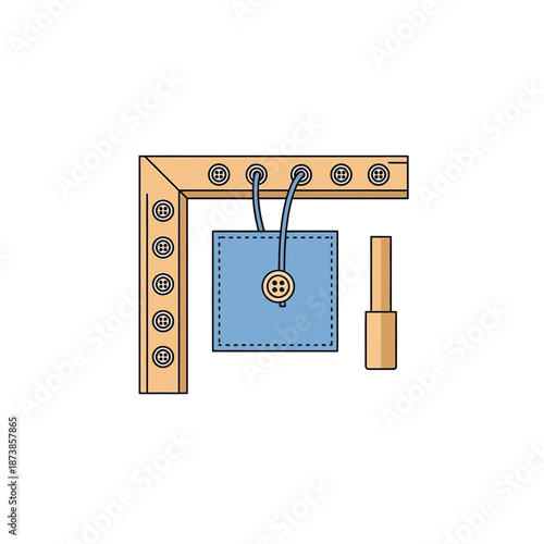 Illustration of a wooden L-shaped frame with a blue pouch and a wooden peg, representing a craft or educational toy.