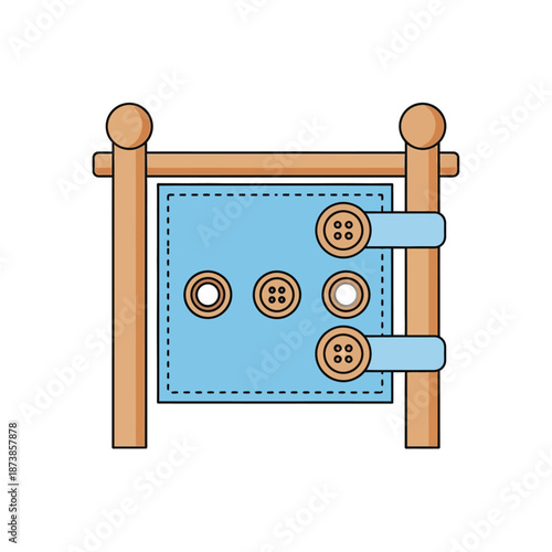 Illustration of a wooden frame with a blue fabric panel featuring various buttons and buttonholes for children's fine motor skill development.