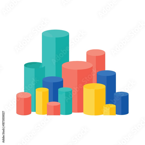 A vibrant collection of colorful cylinders of various sizes arranged together on a white background.