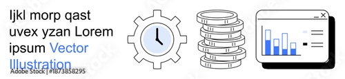 Data visualization, analytics, database management, time efficiency, process optimization, cloud computing. Gear with clock, server stacks and bar chart in a dashboard. Data visualization