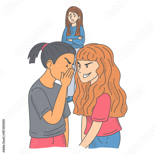 School girls gossip about other girl vector isolated. Illustration of teen girl whispering rumors to her friend. Sad female character standing in the background. Victim of gossip.