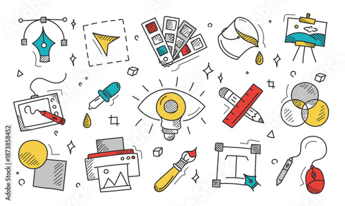 Graphic design doodle icon set vector isolated. Collection of hand-drawn icons. Design supplies, graphic tablet and pen, pipette and brush. Creative occupation, work elements.