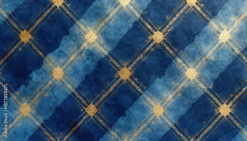 Panel kuchenny z motywem Abstract art with classic plaid pattern. Blue shades background with gold lines. Elegant graphic with geometric ornament. Luxury illustration ideal for textile design, interior decor. Stylish