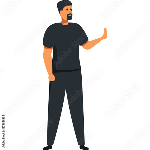 Man in black shirt and pants holding hand up
