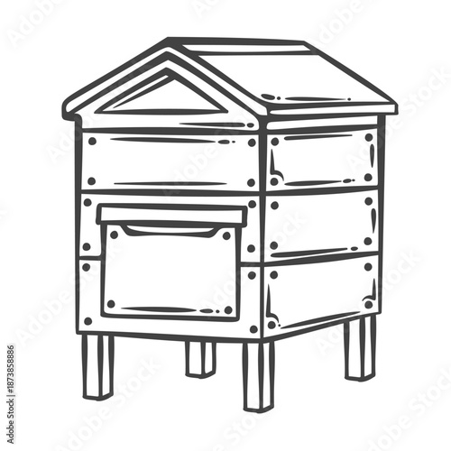 Wooden beehive with layered boxes, entrance opening and pitched roof. Traditional apiary structure, rural beekeeping object. Outline monochrome engraving, vintage line art. Vector illustration.
