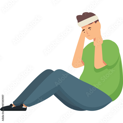 Man sitting with hands on head, bandage on forehead