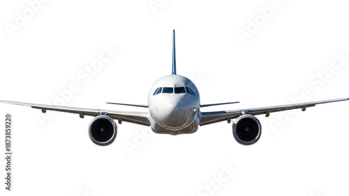 Front View of White Commercial Passenger Airplane Isolated on White Background