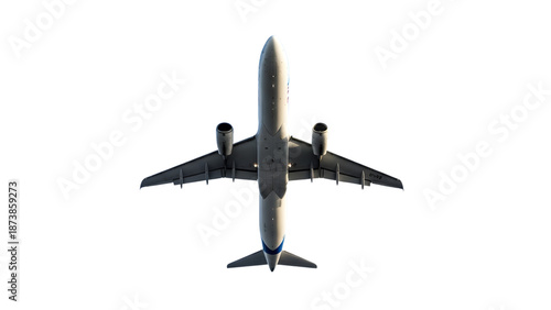 Commercial Airplane Flying Overhead on White Background