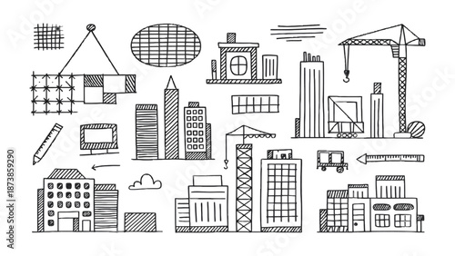 Architectural Sketches and Designs: A collection of architectural sketches and designs, showcasing a variety of building styles, construction equipment, and creative concepts.