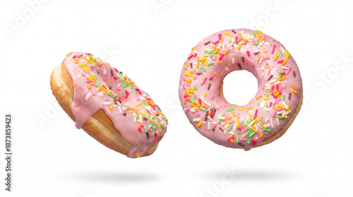 Εκτύπωση καμβά Close-up, realistic photograph of a pink iced donut with colorful sprinkles, angled for a dynamic presentation on a white background with a subtle shadow