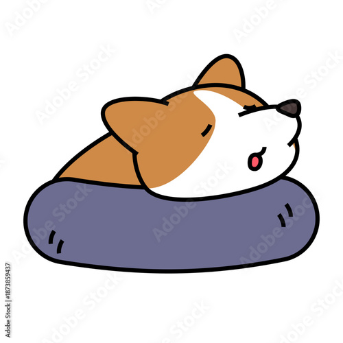 クッションの上で横になってくつろぐコーギーのかわいいイラスト