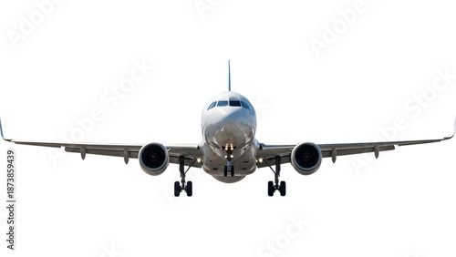 Front View of White Commercial Airplane Isolated on White Background