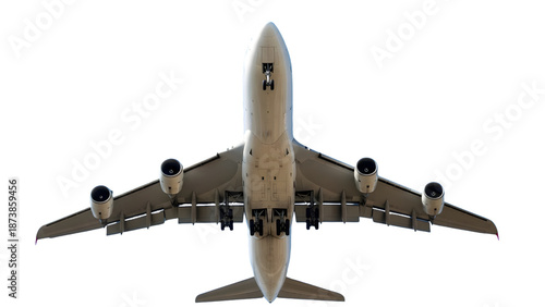 White Commercial Airplane Underside with Landing Gear Isolated on White Background