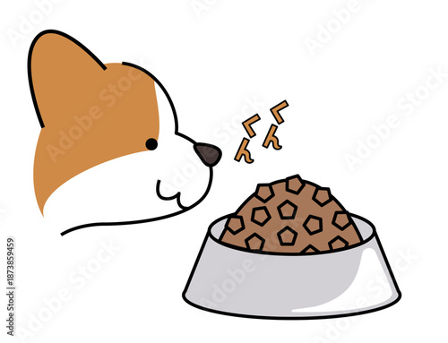 ごはんを前に待つコーギーのかわいいイラスト