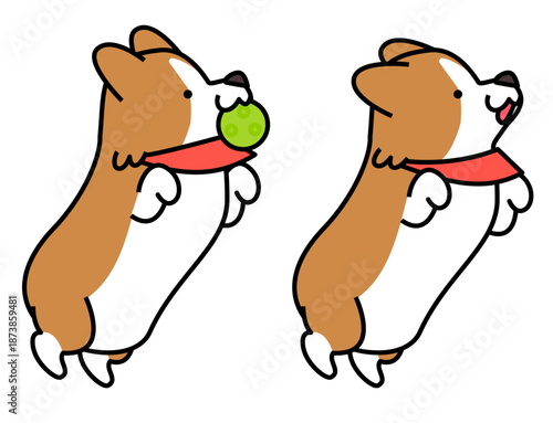 ジャンプしてボールをキャッチするコーギーのイラストセット
