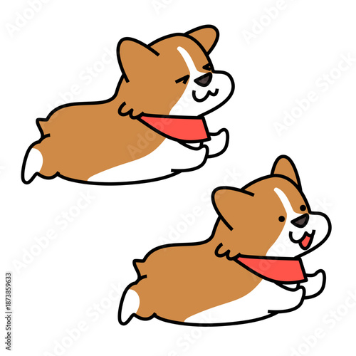 散歩を拒否して踏ん張る姿と全力で走るコーギーのイラストセット