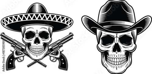 Black and white western skull illustration set featuring cowboy hat skull and sombrero skull with crossed revolvers vector design