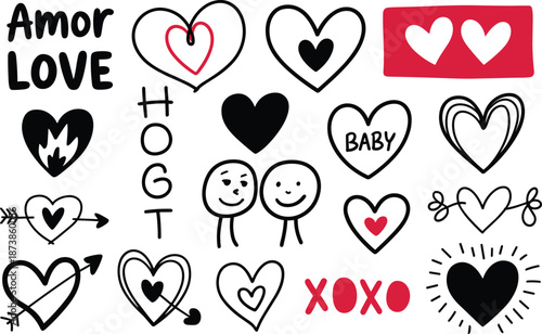Collection of hand-drawn hearts and love-themed black and white