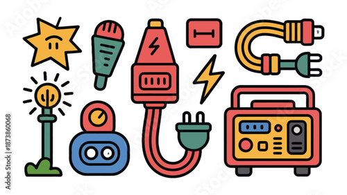 Electricity Icon Set: A vibrant collection of digital illustrations, depicting an array of electrical tools and components. Each element, from plugs to lights.
