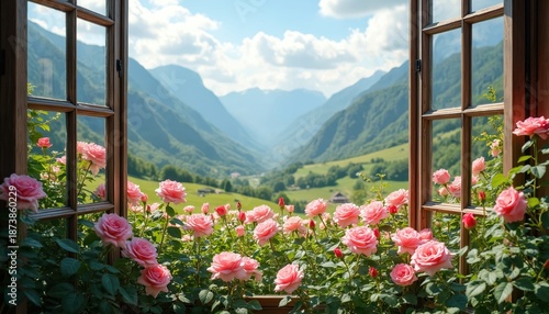 Pink roses bloom outside wooden window with scenic mountain valley view. Green hills and blue sky form background. Peaceful nature landscape.