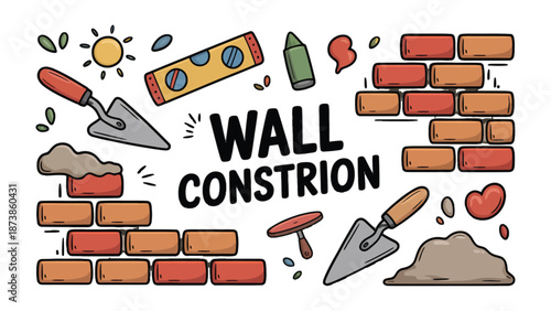 Crafting Foundations: A vibrant illustration showcasing the essentials of wall construction. A visual guide for building and design enthusiasts. 