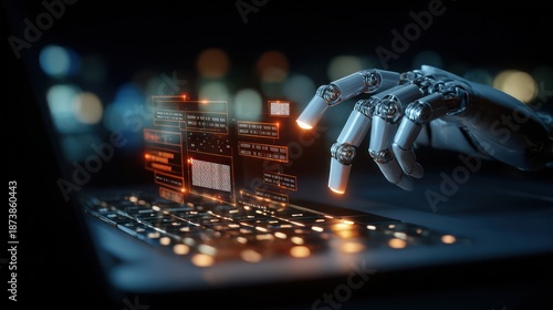 Robot hand typing on laptop with holographic digital data representing artificial intelligence programming and futuristic automation