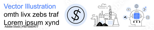 Financial planning, industrial development, AI technology, economic strategy, automation, future innovation. Dollar symbol, factory AI circuit in head. Financial planning and industrial development