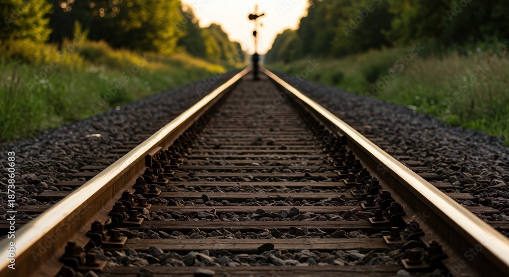 Obraz premium Railway Tracks With Train on Platform, Sunset at Station - Transportation and Control in Golden Hour