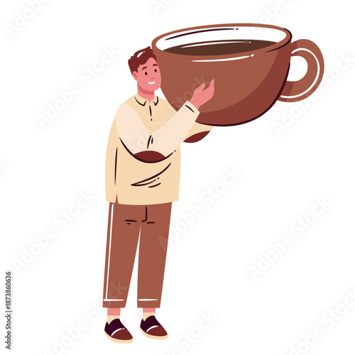 Huge coffee cup lifted by smiling man in simple cartoon doodle style with warm cozy vibe. Vector illustration repeating the oversized coffee cup as big coffee mug detail.